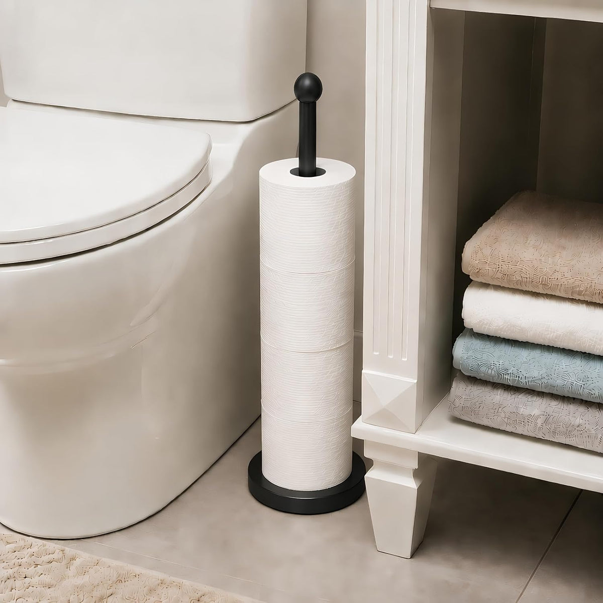 Toilet Paper Holder Stand for Max 5 Paper Rolls, Freestanding TP Holder, Paper Roll Storage for Bathroom, Stainless Steel - Black