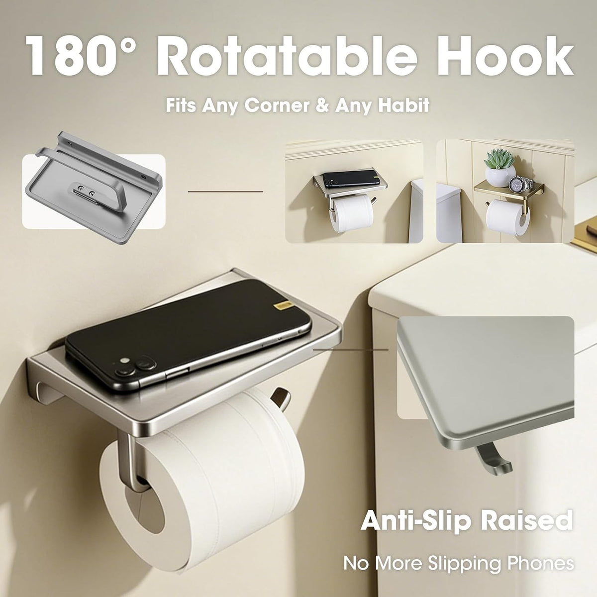 TRUSTMI Toilet Paper Holder with Shelf & Phone Stand, Brushed Nickel