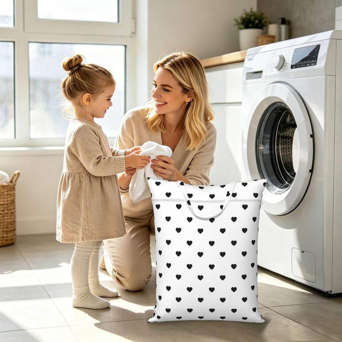 "black and white heart polka dot 2-Pack Travel Laundry Bags for Dirty Clothes- Large Waterproof Laundry Tote, Wet & Dry Use, Reusable Foldable Carry Handles for Vacation, Gym & Dorm"