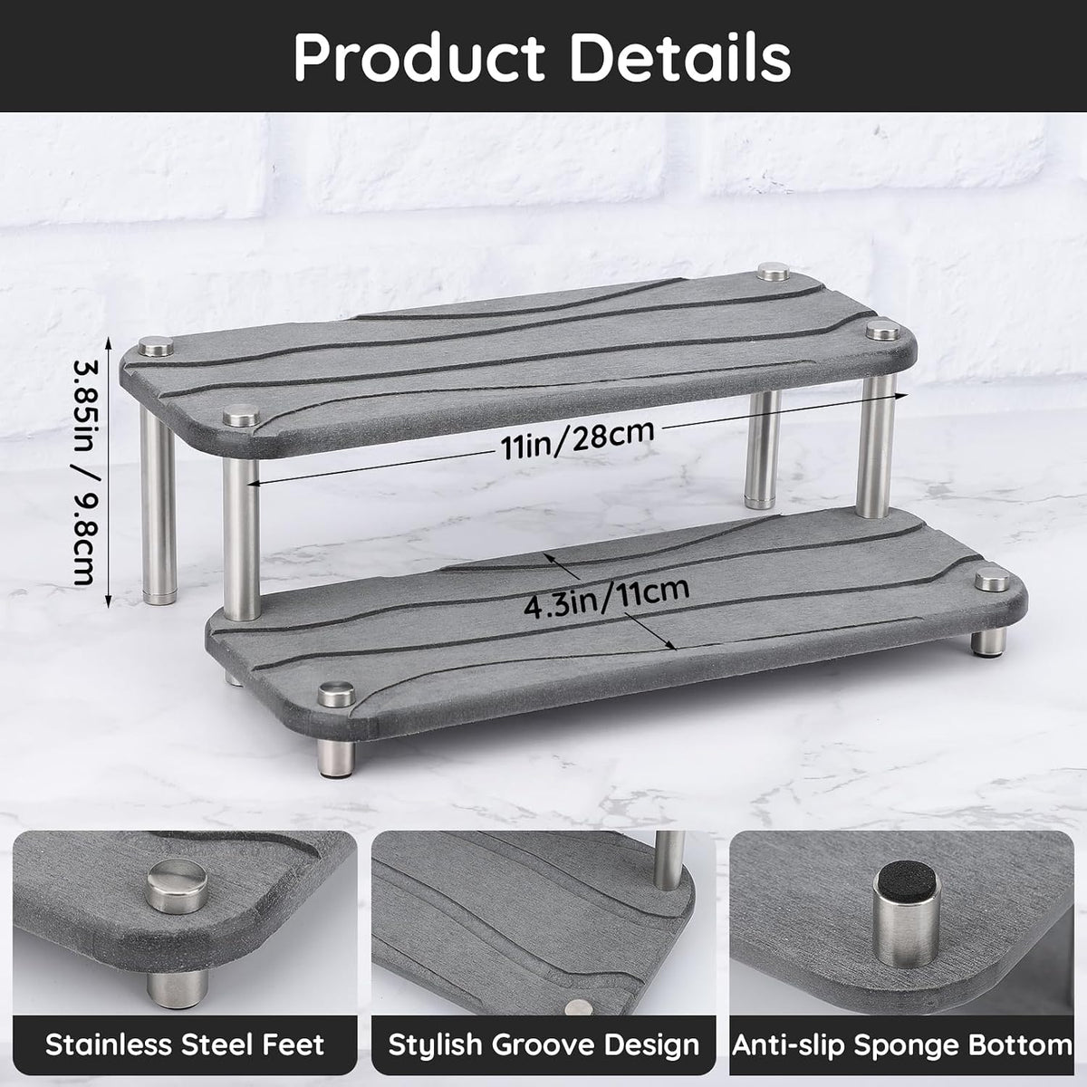 Segbeauty 2 Tier Fast Drying Diatomaceous Earth Tray, 11x4.3in Water Absorbing Stone Drying Vanity Tray for Countertop, Bathroom Counter Rack Kitchen Sink Organizer Dish Soap Sponge Holder Dark Gray
