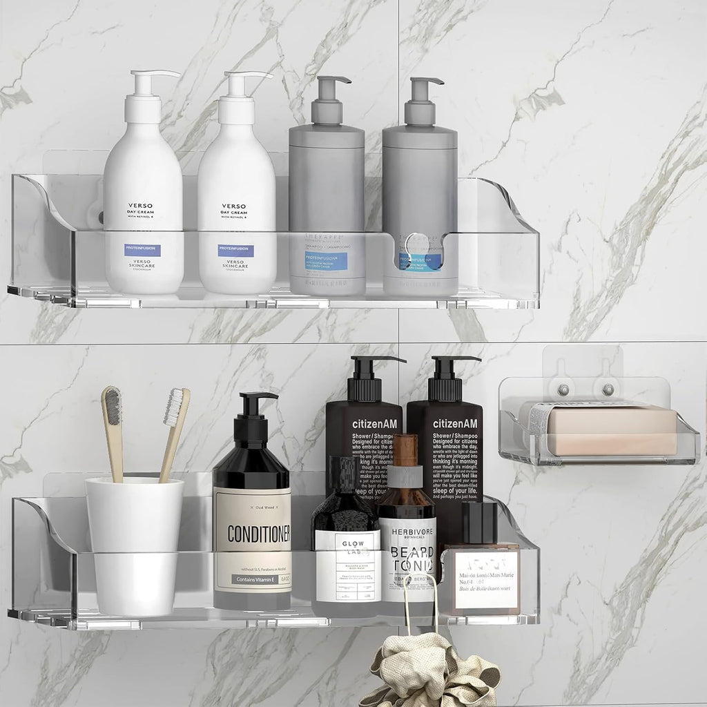 Clear Acrylic Shower Shelves, Adhesive Bathroom Caddy Organizer, 3-Pack