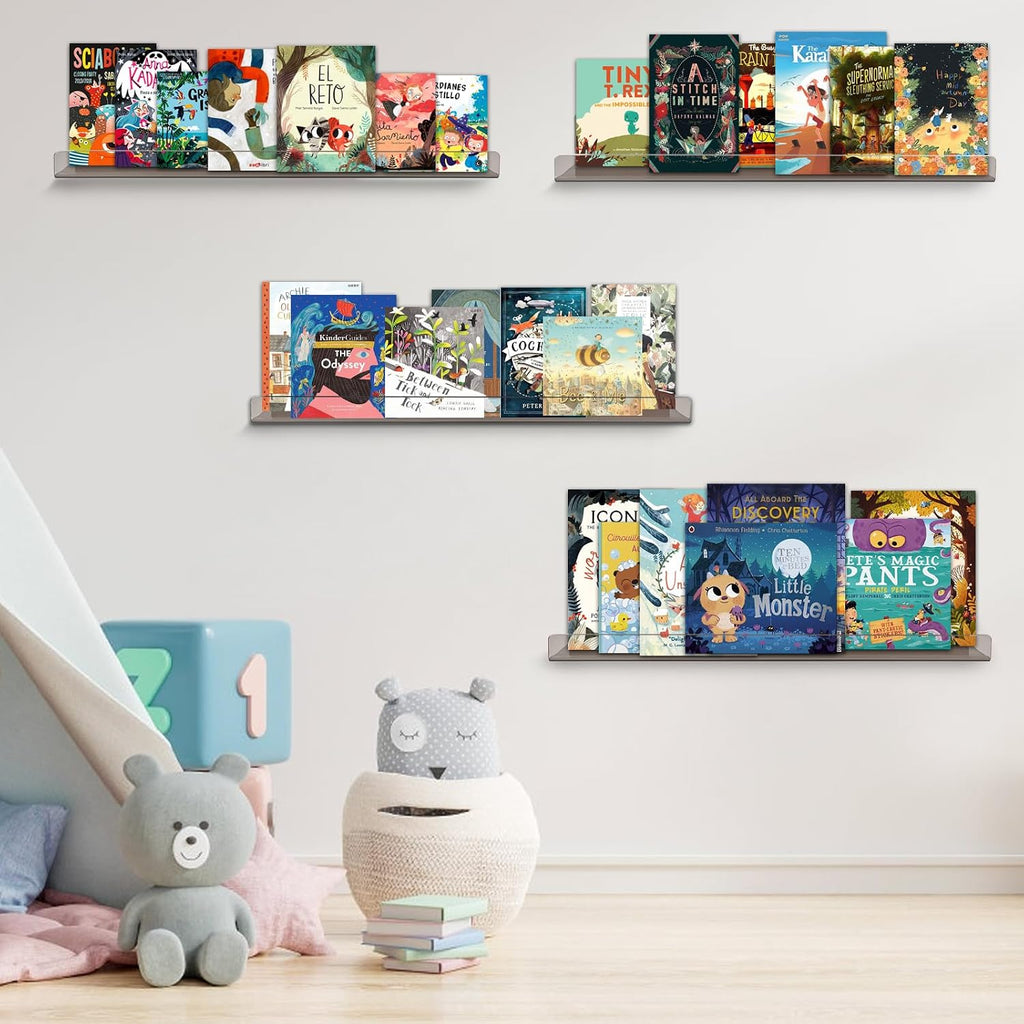 Dezzer 6 Pack Acrylic Shelves for Wall, 15" Acrylic Floating Shelves for Bathroom Bedroom, Invisible Bookshelf Wall Ledge Storage Shelf Books Perfume Toys Action Figure Display Shelves, Clear Gray