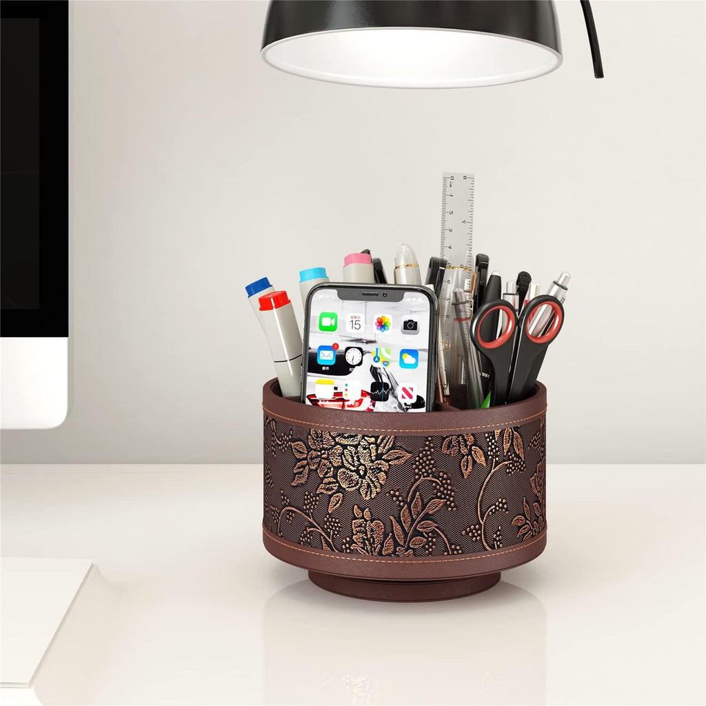 Remote Control Holder, Faux Leather 360° Art Supply Organizer, Multi-Functional Caddy for Remote Controllers, Office Supplies, Perfect Space Saver for End Table/Nightstand/Office Desk(Retro)