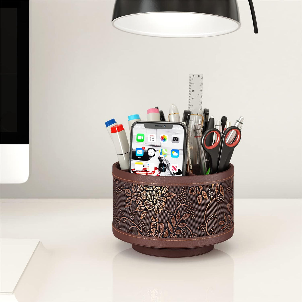 Remote Control Holder, Faux Leather 360° Art Supply Organizer, Multi-Functional Caddy for Remote Controllers, Office Supplies, Perfect Space Saver for End Table/Nightstand/Office Desk(Retro)