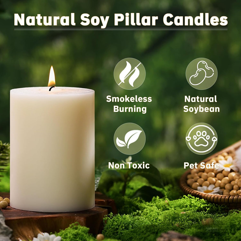 White Soy Pillar Candles,Non-Toxic,3x4 Inch, 55-Hour,Unscented,3 Pack