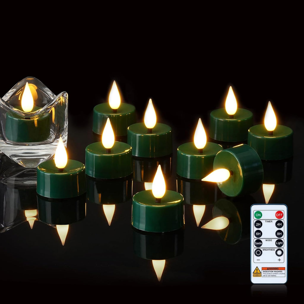 Amagic 12Pcs Flameless Timer Remote 3D Black Wick Tealights Candles, Green