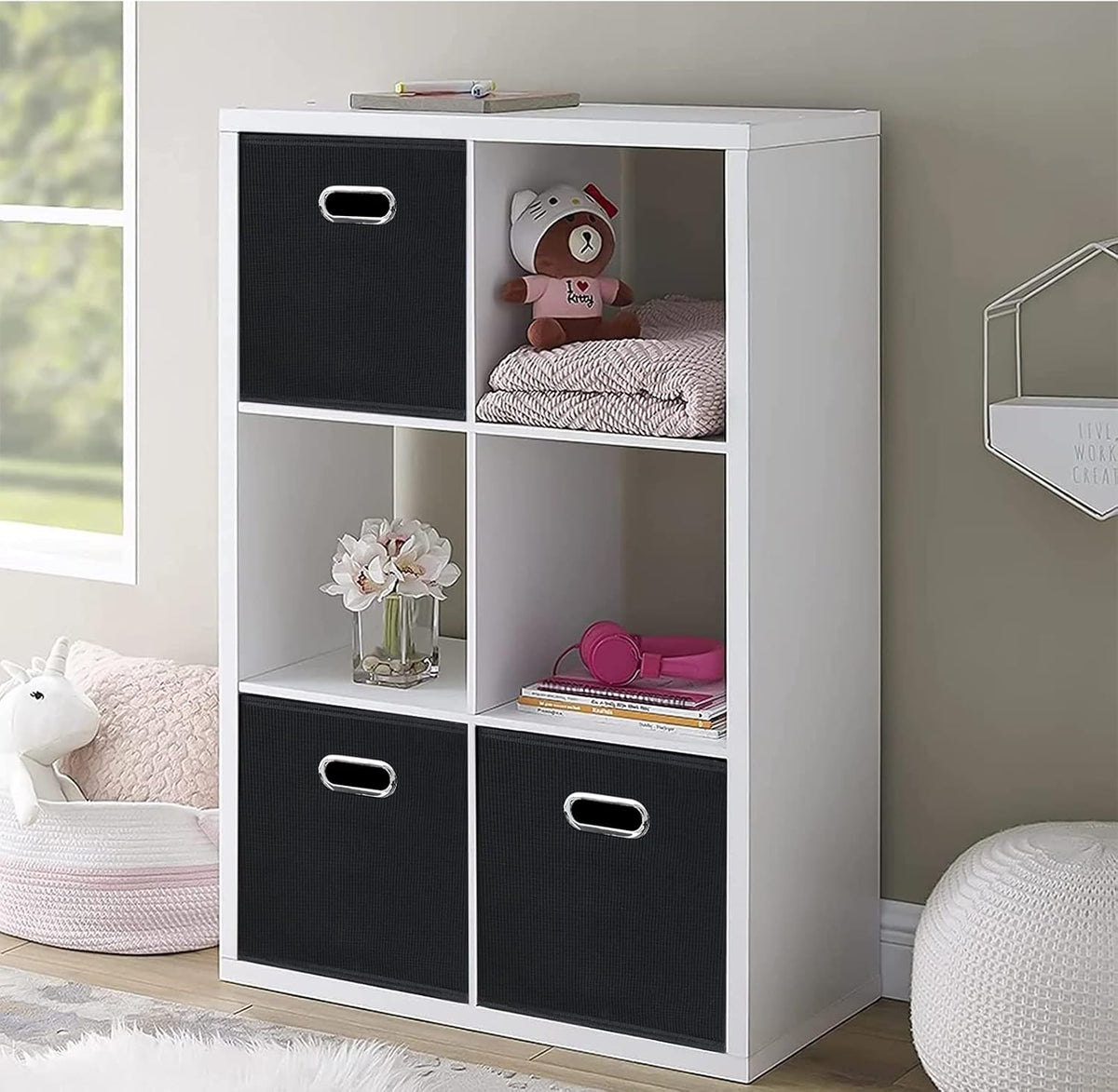 STOREONE Black Fabric Storage Bins Cubes Baskets Containers-(11X11X11) with Dual Handles Cube Storage Organizer Bins for Shelf Closet, Bedroom Organizers, Foldable Set of 3 (Black )