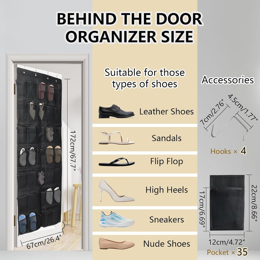 Over the Door Shoe Organizer, 35 Mesh Pockets, Black, 4 Metal Hook