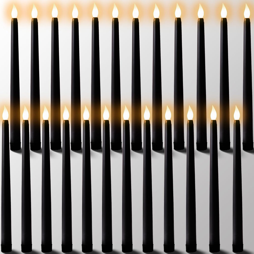 24Pcs Halloween Black Flameless Taper Candles - Battery Operated 2 AAA Long Decor for Table Decorations (No Remote)