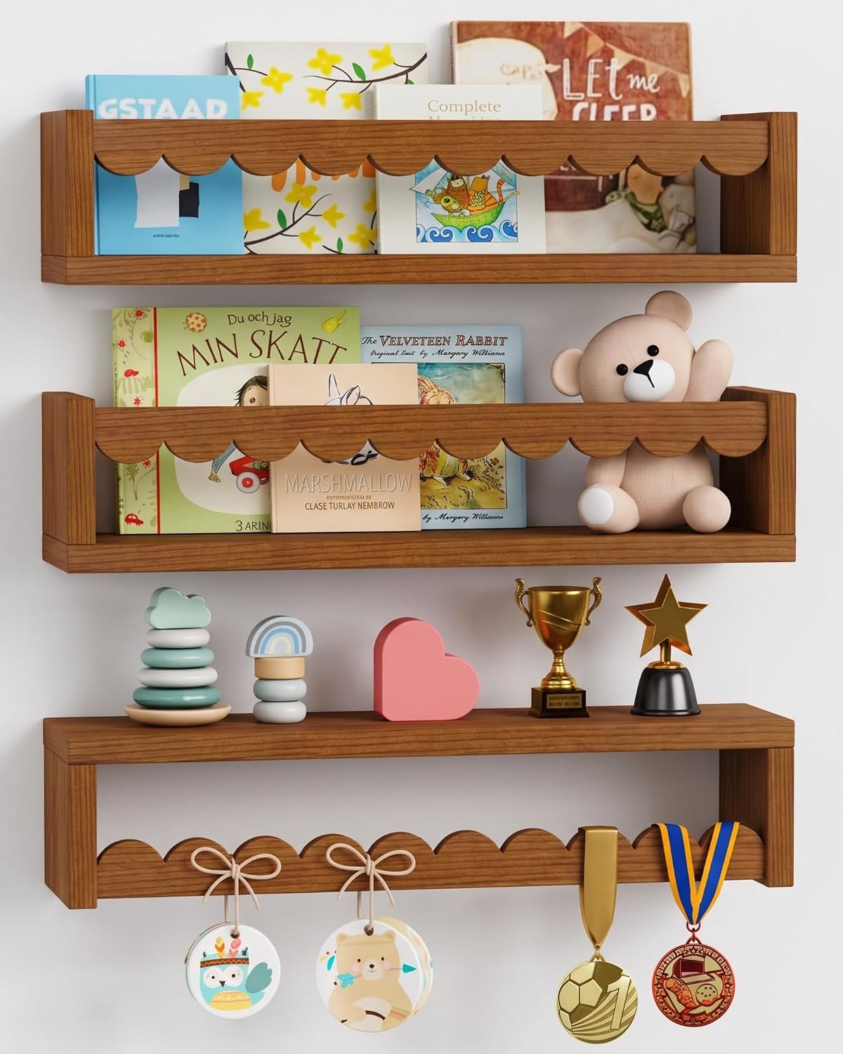 Scalloped Floating Shelves for Nursery, Walnut Scallop Kids Wall Book Shelf