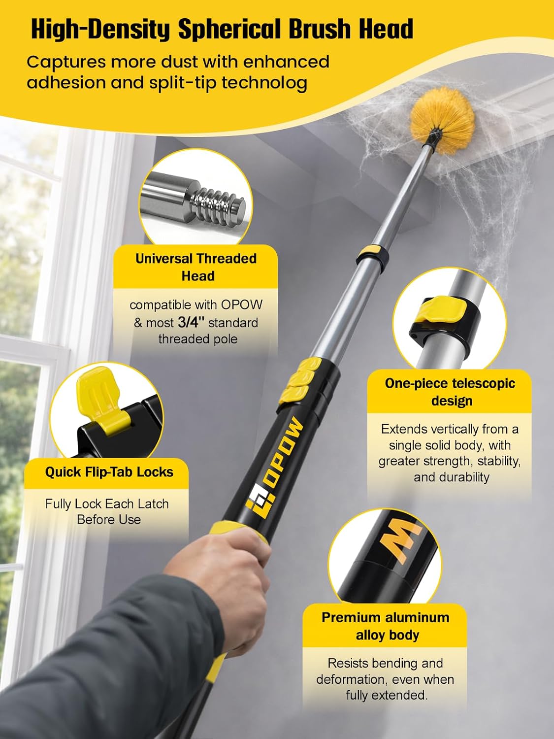25ft High Reach Cobweb Duster with 5-18ft Extension Pole and 2 Brush Heads