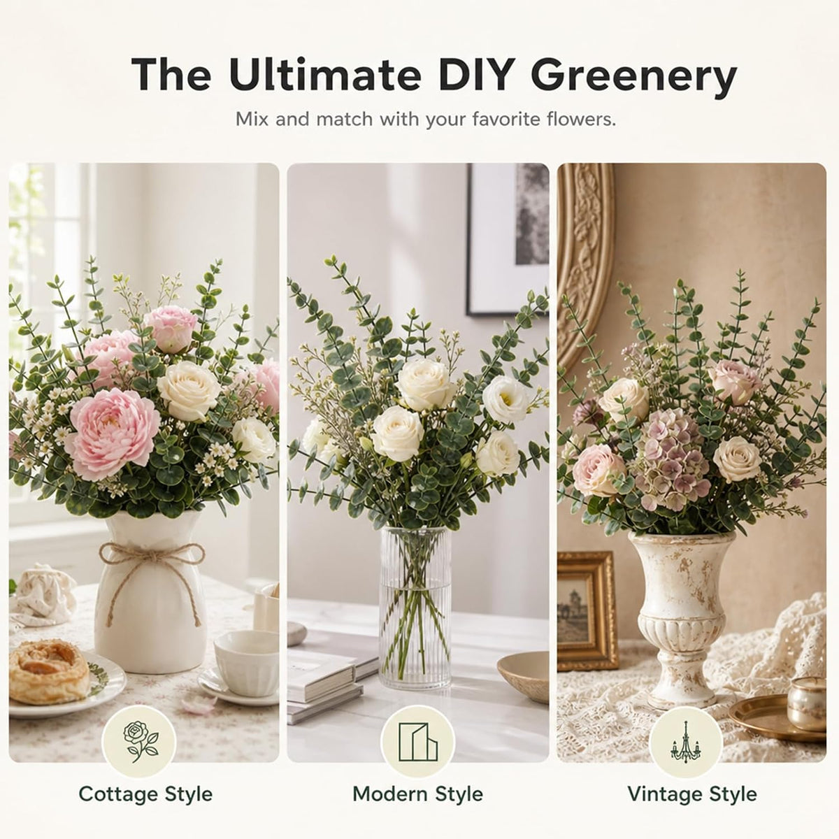 18 Pcs Artificial Eucalyptus Stems Dark Green Leaves Fake Greenery Branches Faux Flowers Bouquet for Home Decor Wedding Centerpiece Table Decoration