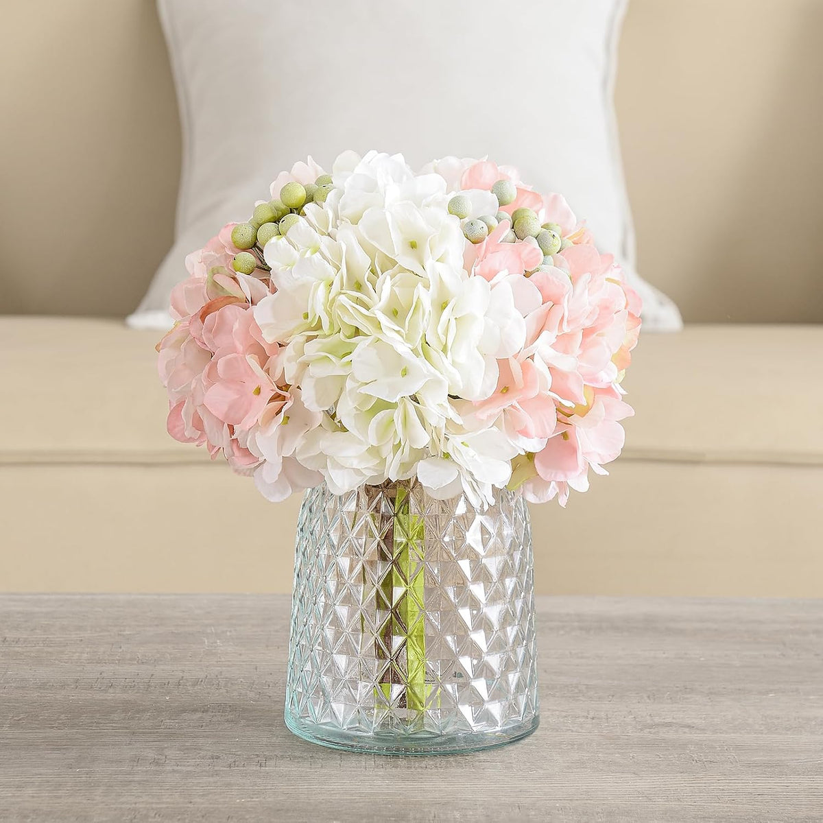 Wracra Hydrangeas Floral Arrangement in Glass Vase; Fake Flowers Pink