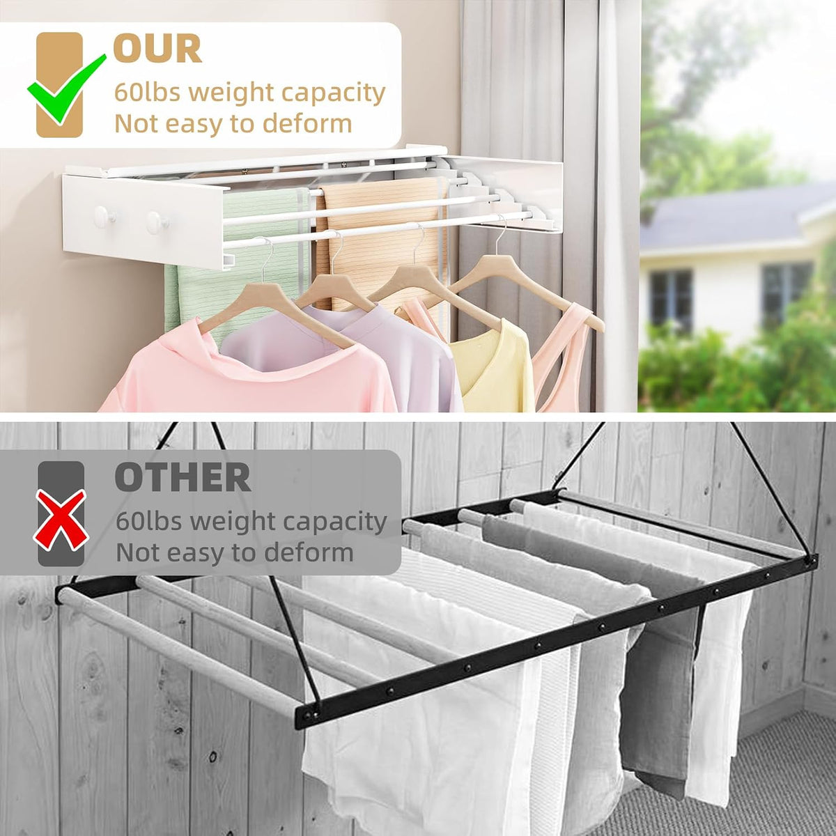 BAKON Wall Mounted Drying Rack with 4 Hooks and Shelf, Foldable Clothes Drying Rack for Laundry Room, Collapsible Laundry Rack Wall Mount, for Indoor Outdoor Hanging Clothes, 23.6 Inch