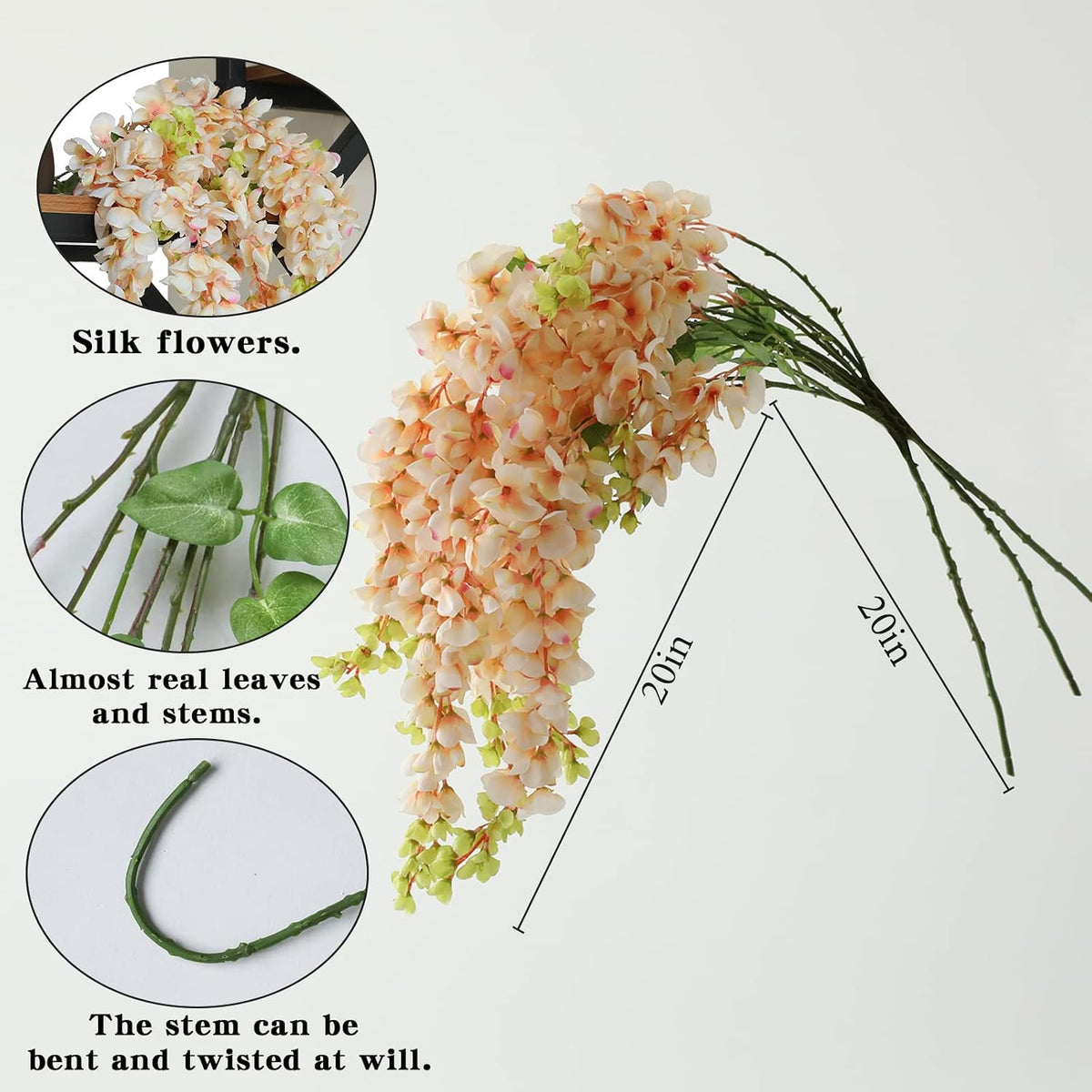 Dailisen 3 Strands 40'' Silk Amber Wisteria Artificial Flowers, Fake Wisteria Floral Hanging Plant Garland, for Home Decor, Party, Floor Vase, Balcony, Wedding Arrangement Decoration (Amber)