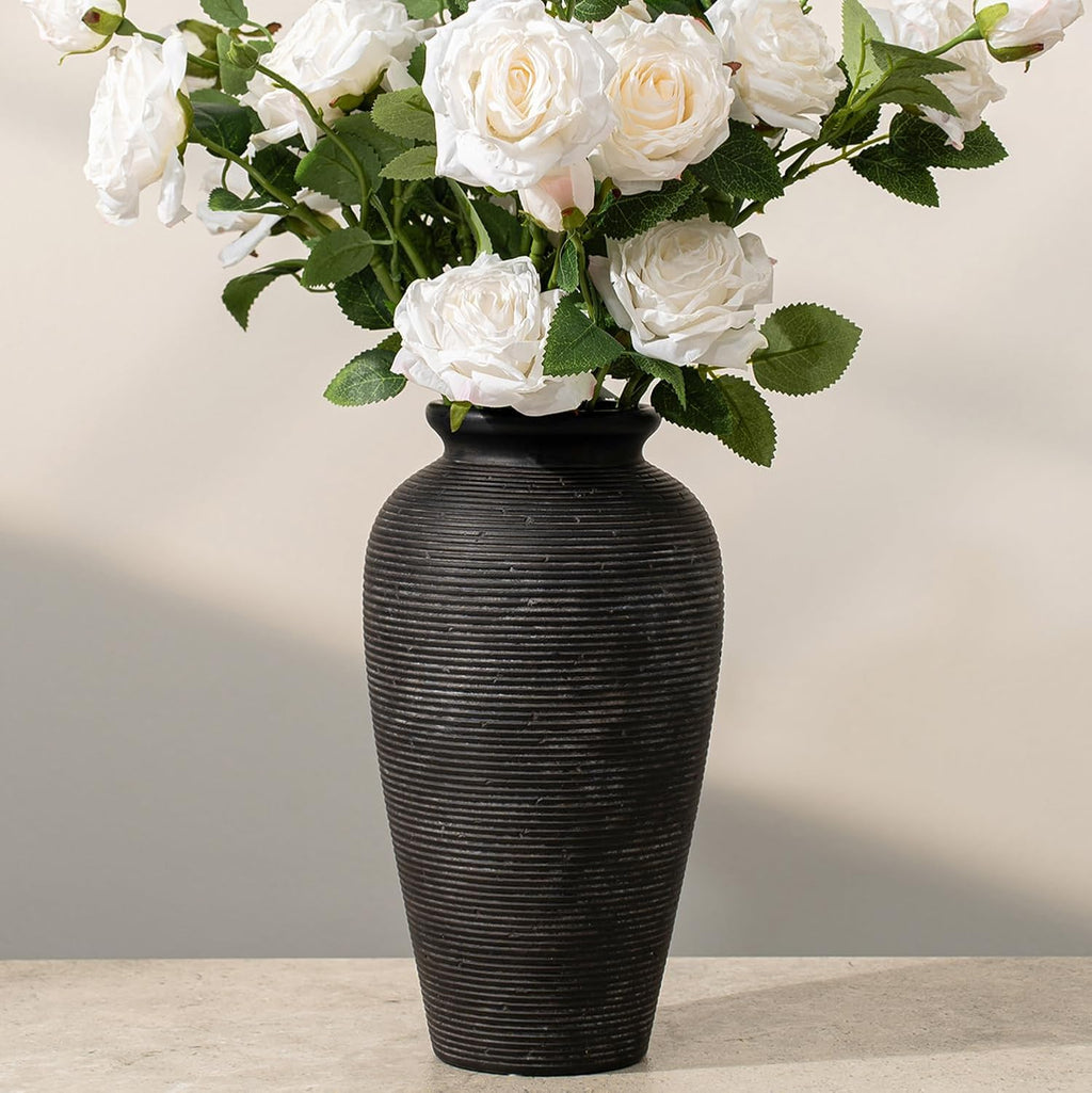 11.02 Inch Tall Vintage White Ceramic Flower Vase, Rustic Farmhouse Beige Stone Texture Vase for Home Decor, Decorative Terracotta Vase for Table Centerpiece Living Room Bathroom (Black-11.02'')