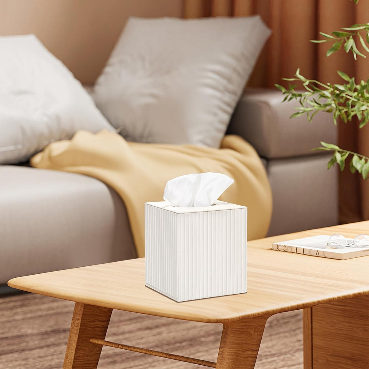 Sumnacon PU Leather Tissue Box Cover Modern Square Tissue Box Holder with Magnetic Closure Decorative Tissue Dispenser Stripes Textured Tissue Holder for Bathroom Car Home Office, Ivory