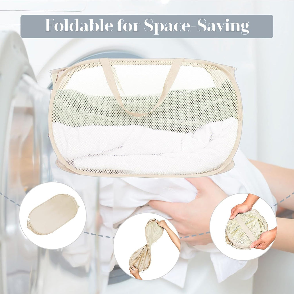 4 Pcs Durable Collapsible Laundry Baskets, Foldable Large Opening Pop Up Laundry Hamper with Pocket, Clothes Hamper with Handles for Laundry, Bathroom, Kids Room, Dorm or Travel Beige
