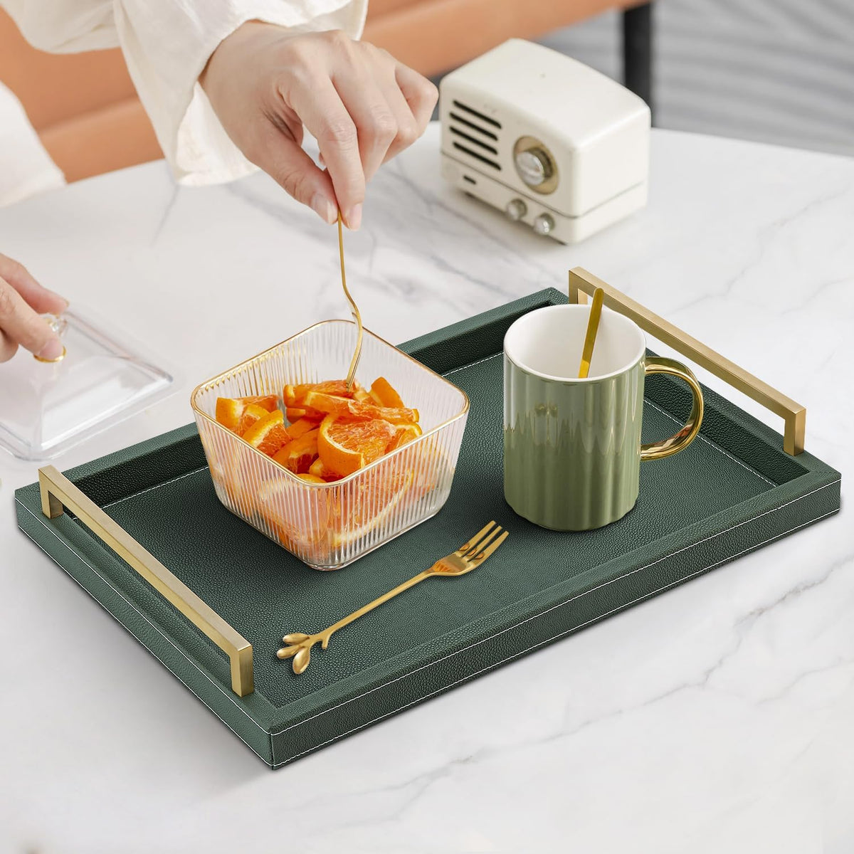 XIGEXIGE Green Decorative Serving Tray,Rectangular Tray for Coffee Table,Faux Leather Serving Tray with Handles for Ottoman,Shagreen Leather Tray for Bathroom