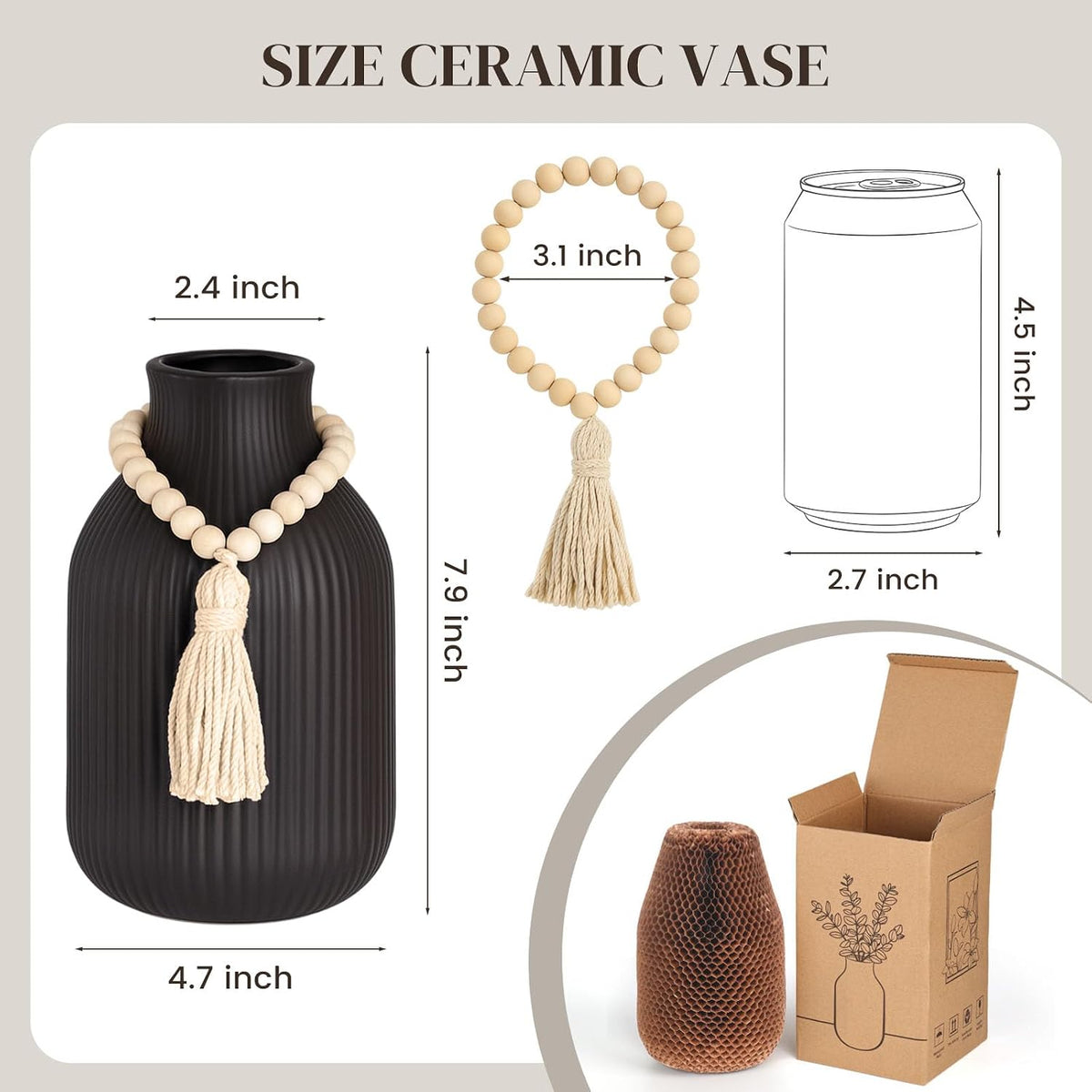 JOHOUSE Black Ceramic Vase, 7.9 Inch Flower Vase for Pampas Grass