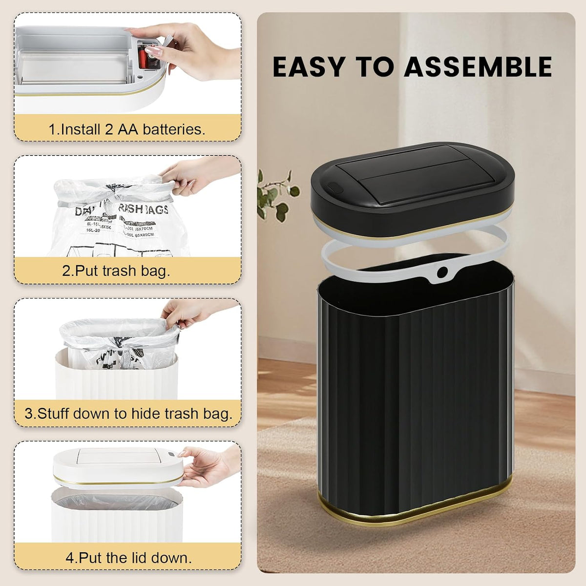ELPHECO Motion Sensor Bathroom Trash Can with Lid 2 Gal Automatic Trash Can