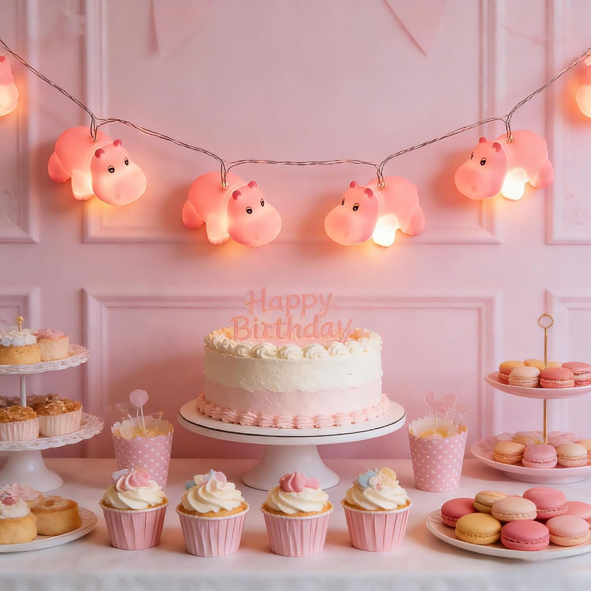 Cute Pink Hippo String Lights, 4.9Ft/1.5M, 10 LED, Battery Operated