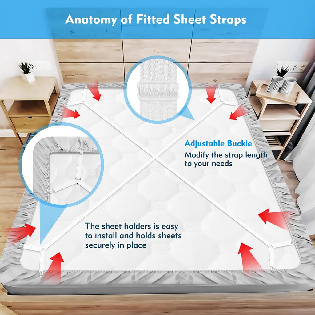 Bed Sheet Straps, 2Pcs Elastic Adjustable Bed Sheet Holder Straps, Fitted Sheet Straps to Hold Sheets in Place with Metal Clips, Sheet Holders for Mattress Cover, Sheet, Sofa Cushion (White)