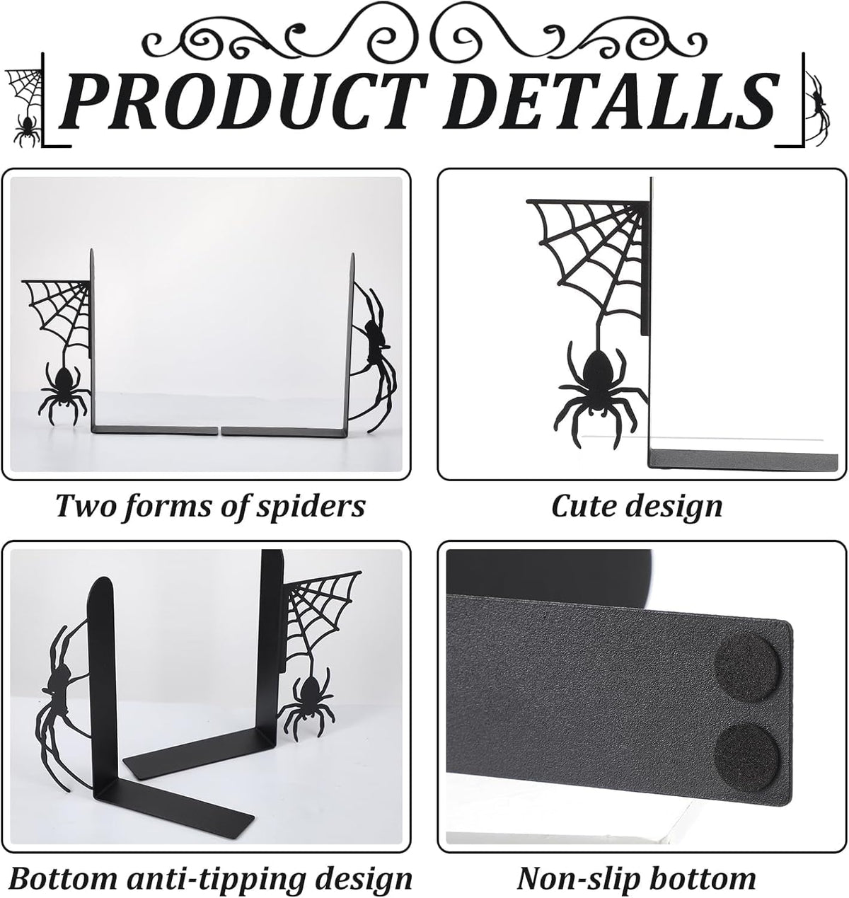 Spider Metal Bookends Set of 2 Stylish Gothic Design Black Spider and Web Bookends for Shelves Office Desk Home Decor Book Lovers Gift Reading Enthusiasts