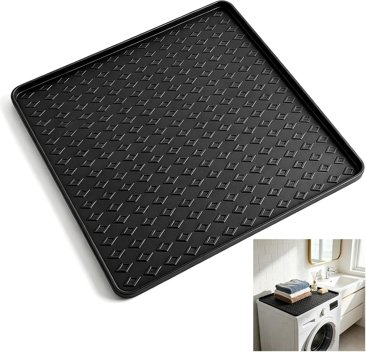 25.6"x25.6" Waterproof Silicone Floor Mat for Mini Fridge Mat, Refrigerator Tray & Drip Mat with Raised Edges, Fits Under Sink, Washer & Cooler, Anti-Slip(Black)