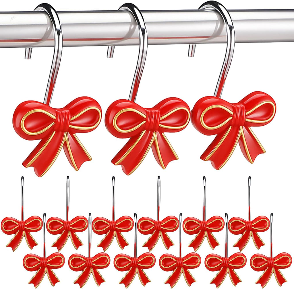 Weysat 12 Pcs Red Bow Christmas Shower Curtain Hooks Bathroom Decor