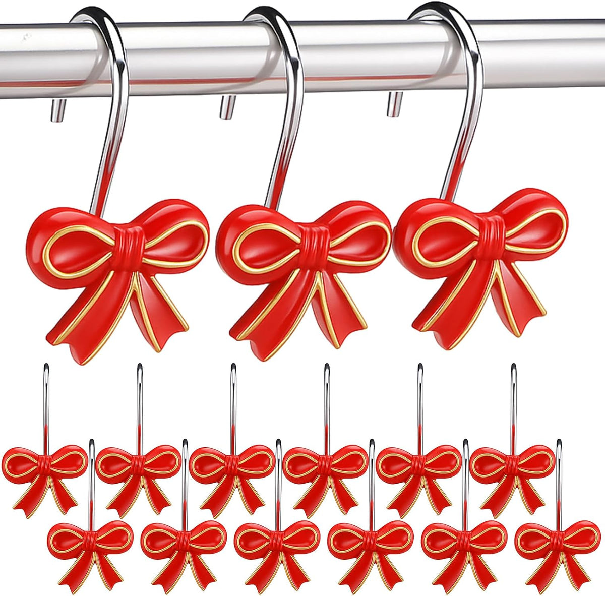 Weysat 12 Pcs Red Bow Christmas Shower Curtain Hooks Bathroom Decor