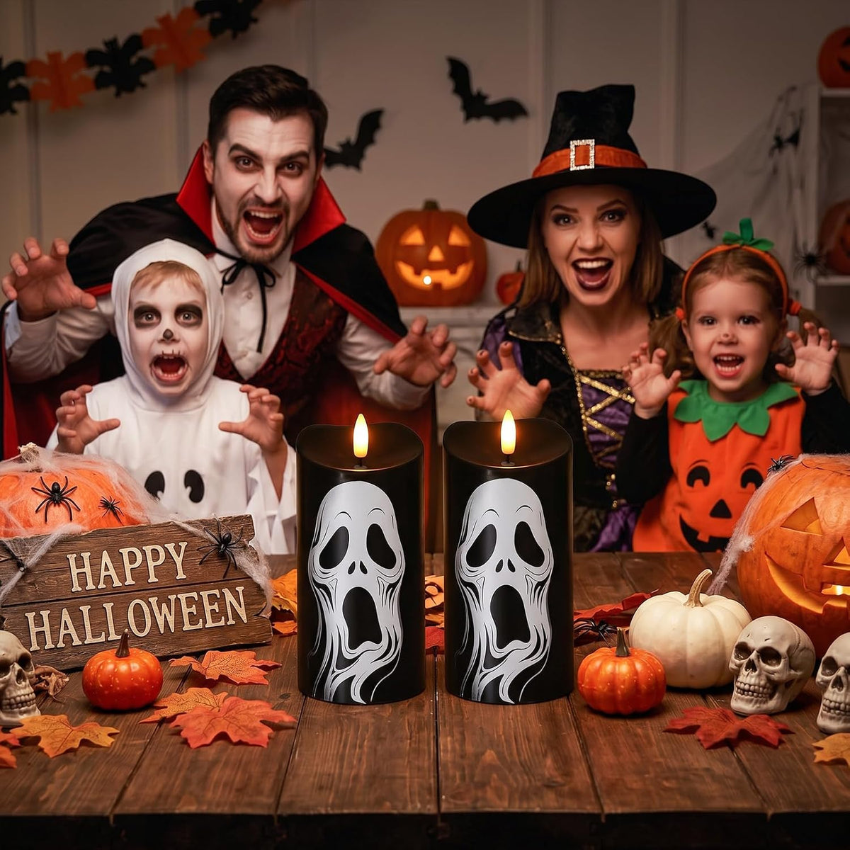 Halloween Black Flameless Pillar Candles with Ghost Decals, 2PCS