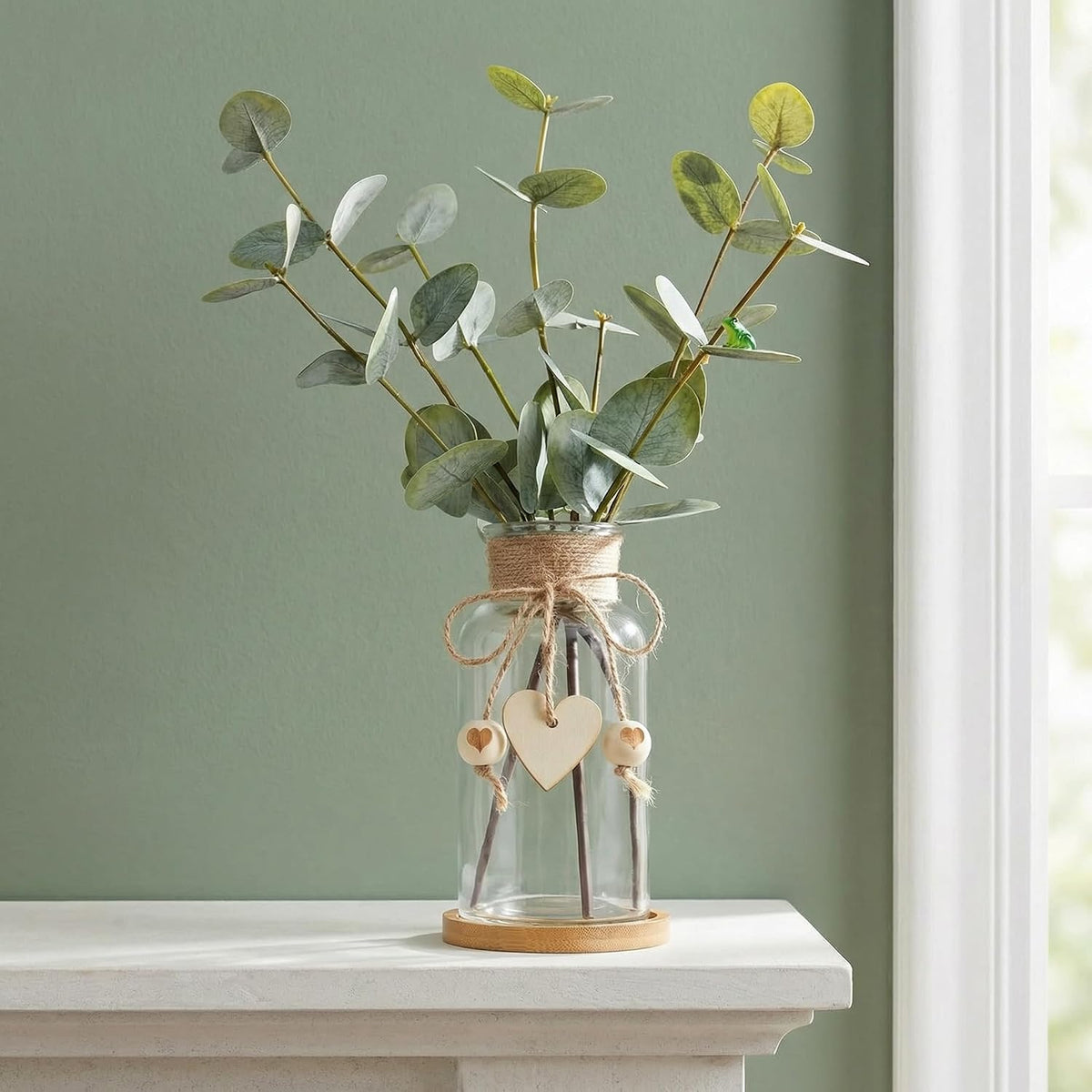 Artificial Eucalyptus Greenery Stems in Glass Vase,15" Doule Side 3D Fake Plants Eucalyptus Leaves faux Greenery for Centerpiece Table Decorations Home Room Decor office Desk Green Decor (Clear)