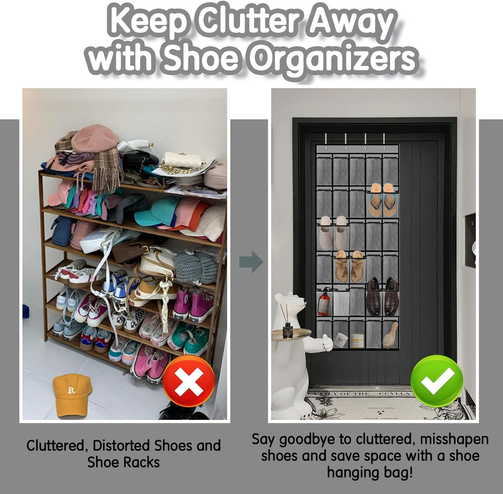 Over the Door Shoe Organizer with 30 Breathable Mesh Pockets (2PC-Gray)