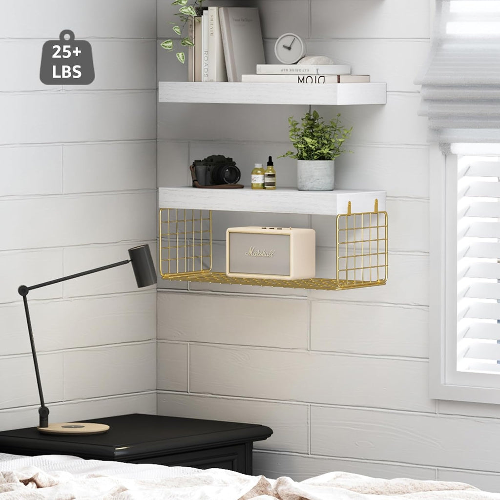 QEEIG Bathroom Shelves Over Toilet Wall (White and Gold, Set of 2, 15.7")