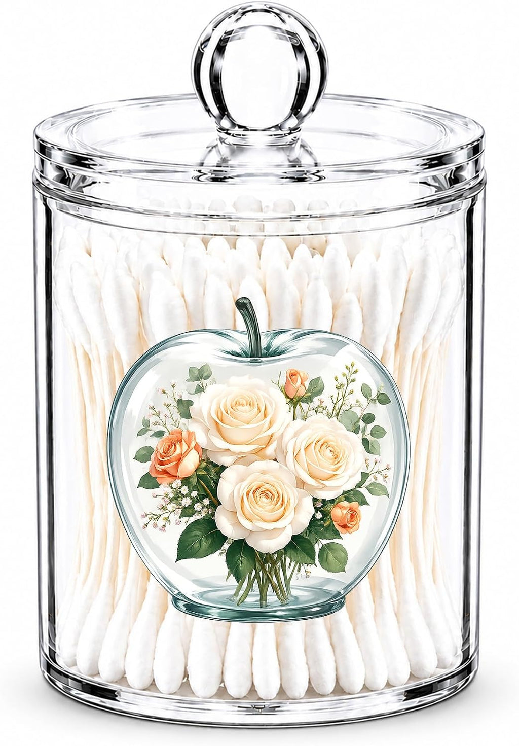 Floral Apple Cotton Swab Holder with Lid Clear Acrylic Canister