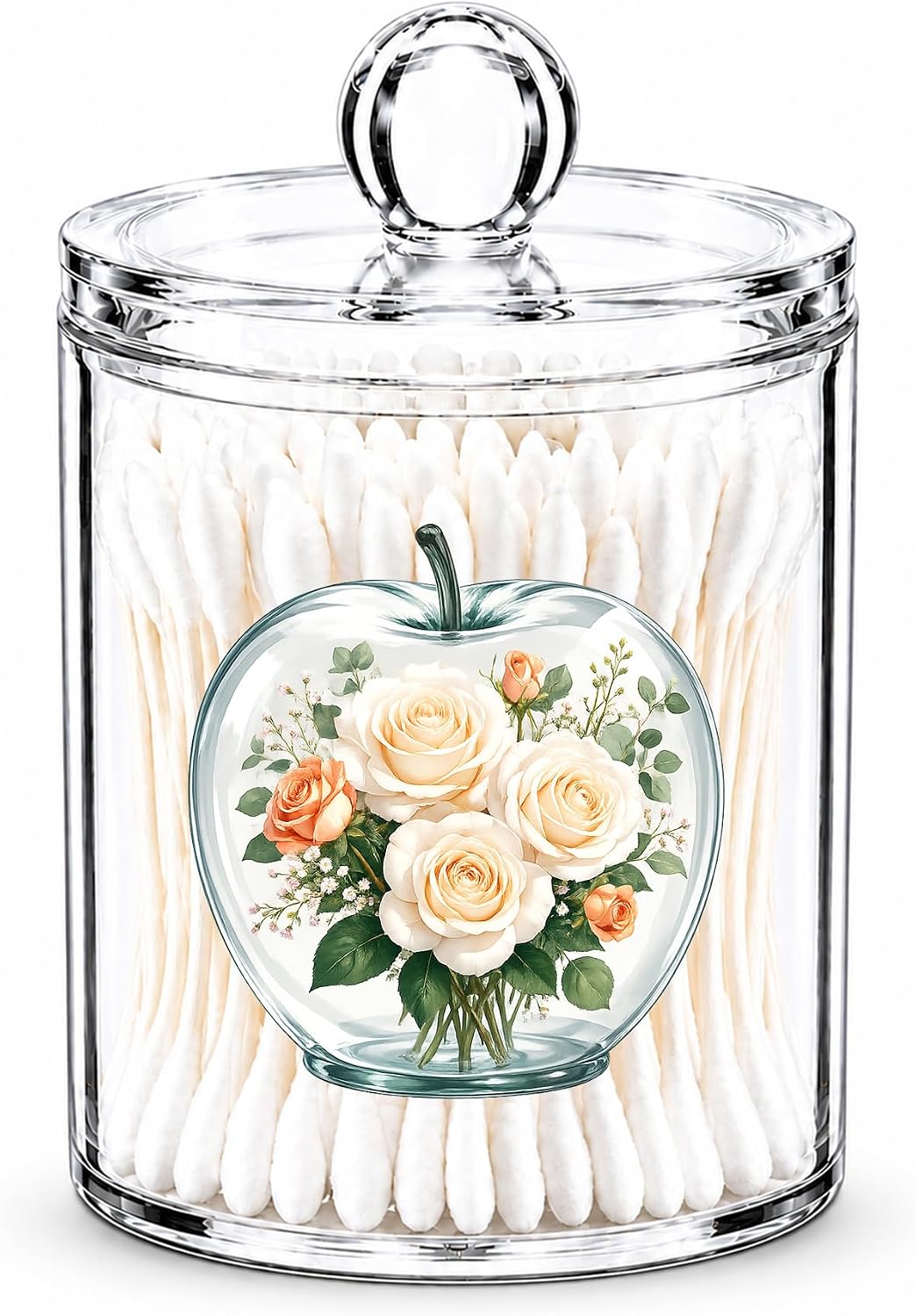 Floral Apple Cotton Swab Holder with Lid Clear Acrylic Canister