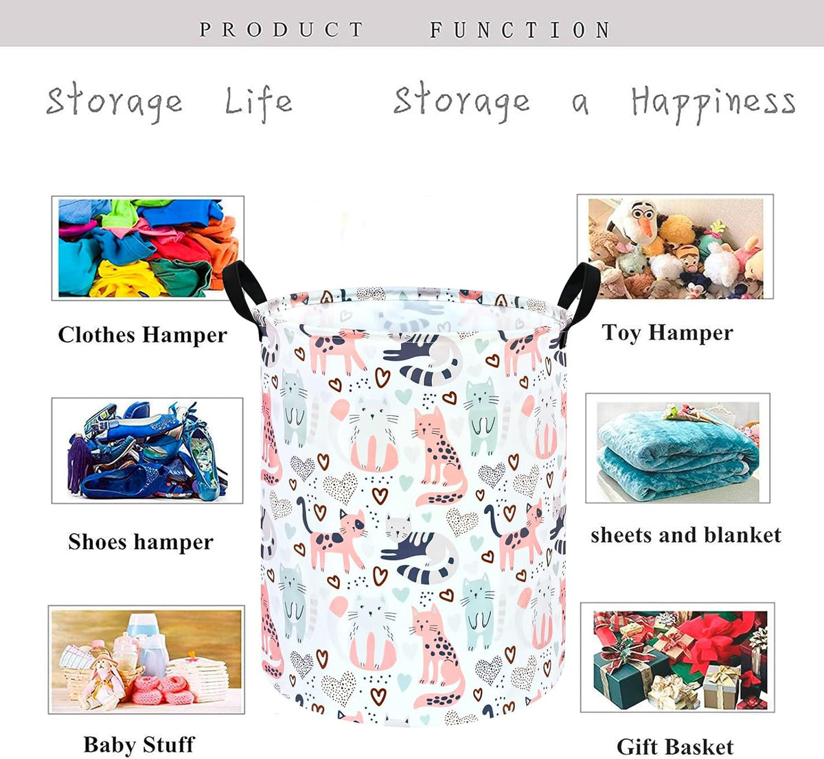 Kids Laundry Hamper Clothes Gift Basket Storage Laundry Baskets Organizer Bin with Handles for Nursery Room (Cat)