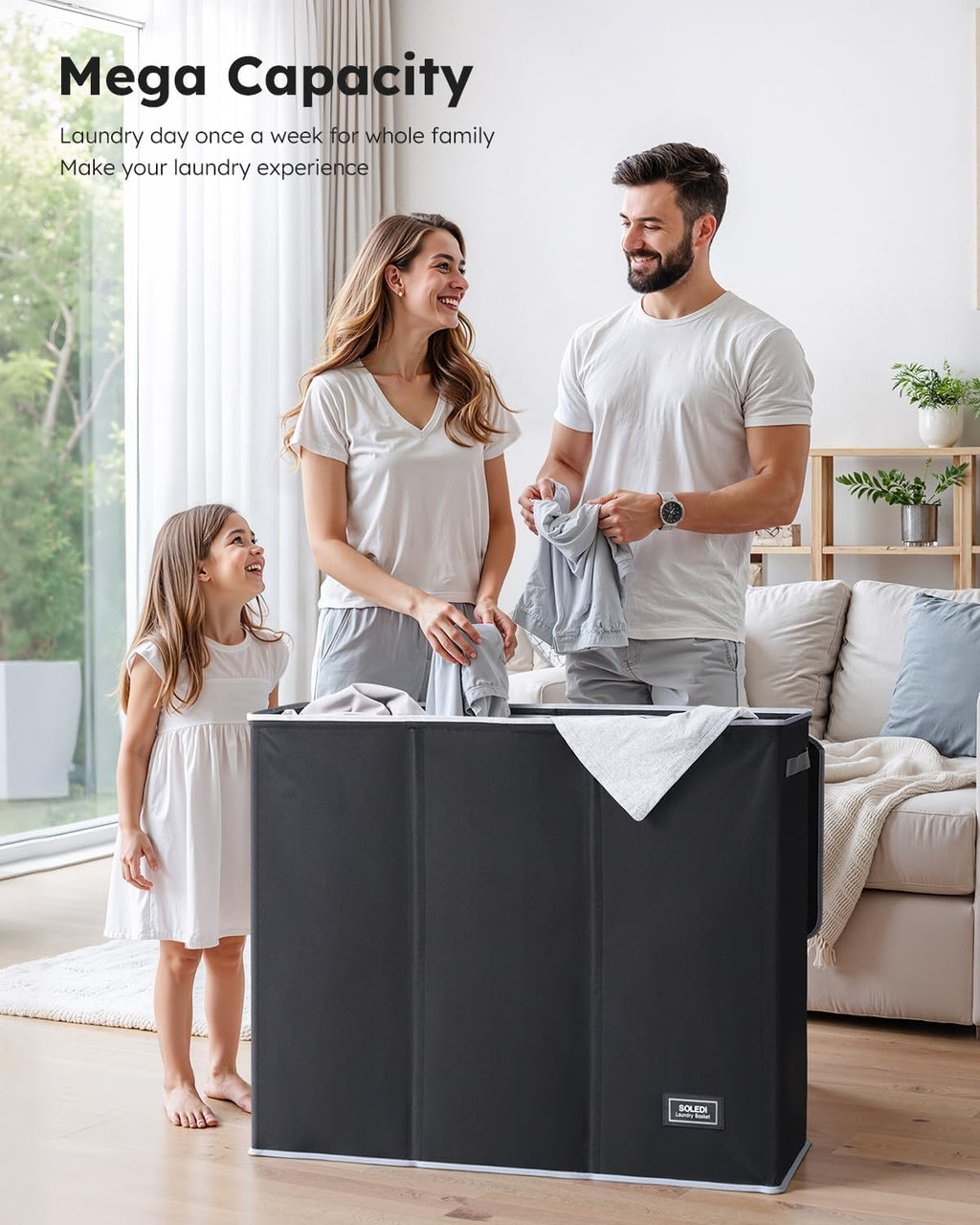 SOLEDI Large Laundry hamper 3 Section with Lid, 180L Laundry Basket, Black