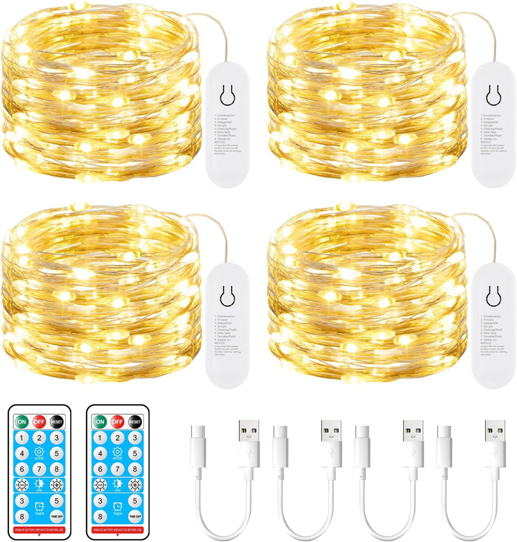 Brightown 4 Pack Rechargeable Fairy Lights Battery Operated with 2 Remote