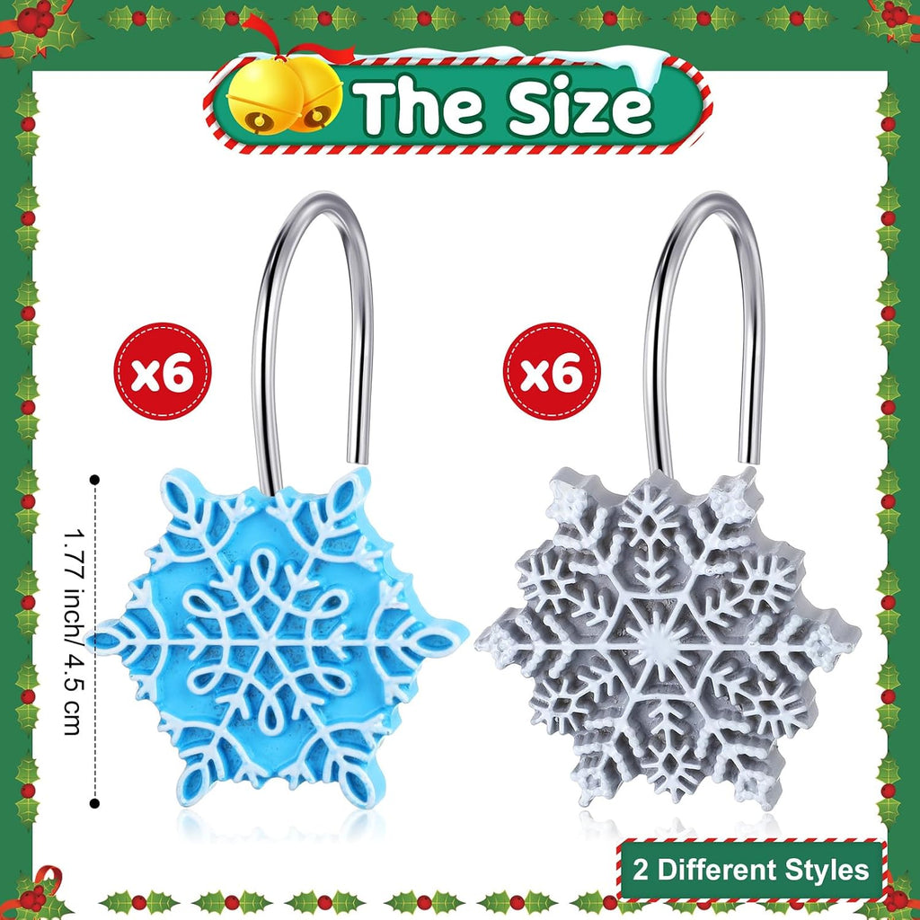 CroBlissful 12 Pcs Winter Snowflake Shower Curtain Hooks 2 Styles Snowflakes Curtain Hangers Hooks Blue Silver Winter Christmas Decorative Rings for Bathroom Restroom Rods Wall Decor