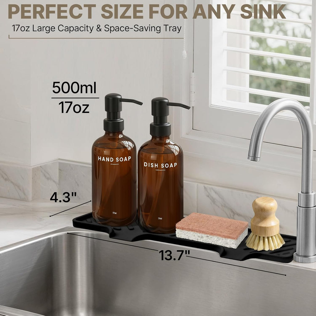 Kitchen Soap Dispenser Set with Self Draining Silicone Tray, Brush, Sponge