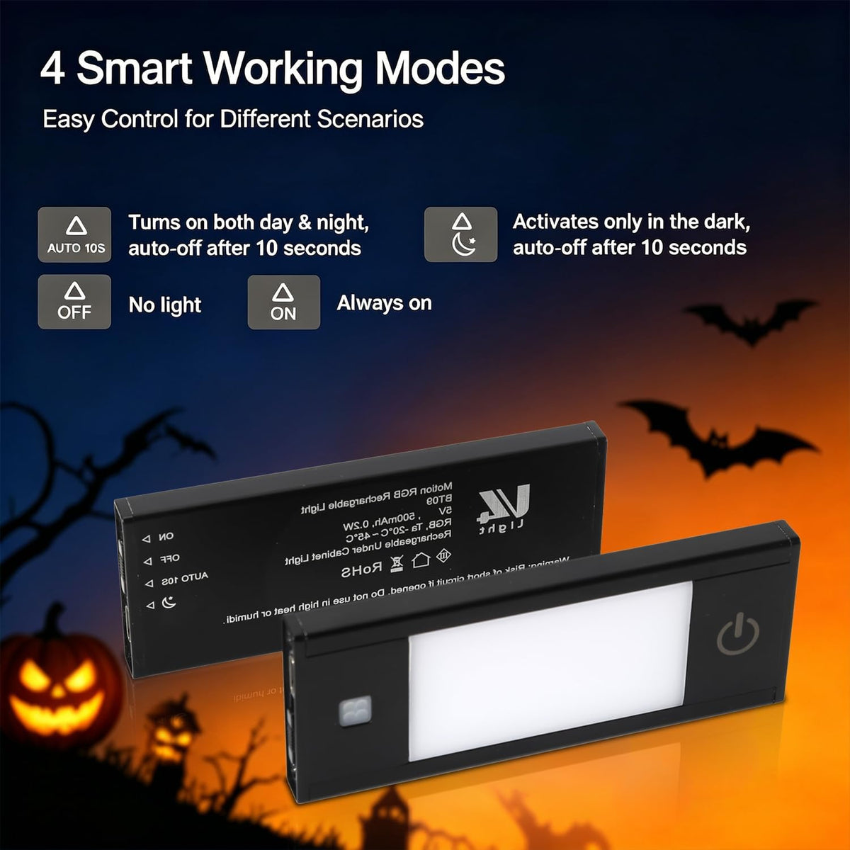 V4light Rechargeable Motion Sensor Night Light, 3-Pack Midnight Black, RGB-6 Halloween Edition — Ultra-Thin Painted Aluminum Alloy, Magnetic Mount, 6 Eerie Colors for Haunted Pathways, Spooky Decor