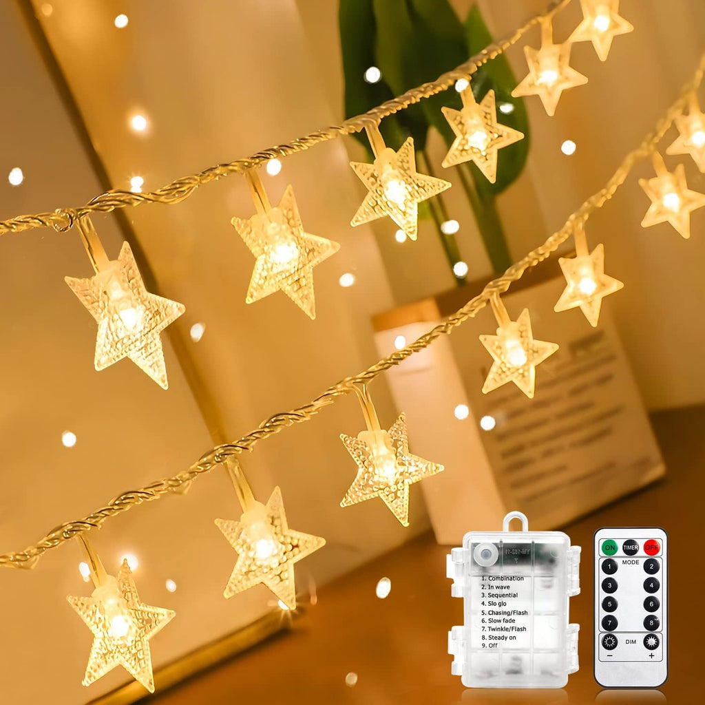 ANJAYLIA 100 LED 32FT Battery Operated Star Lights & Remote, Warm White