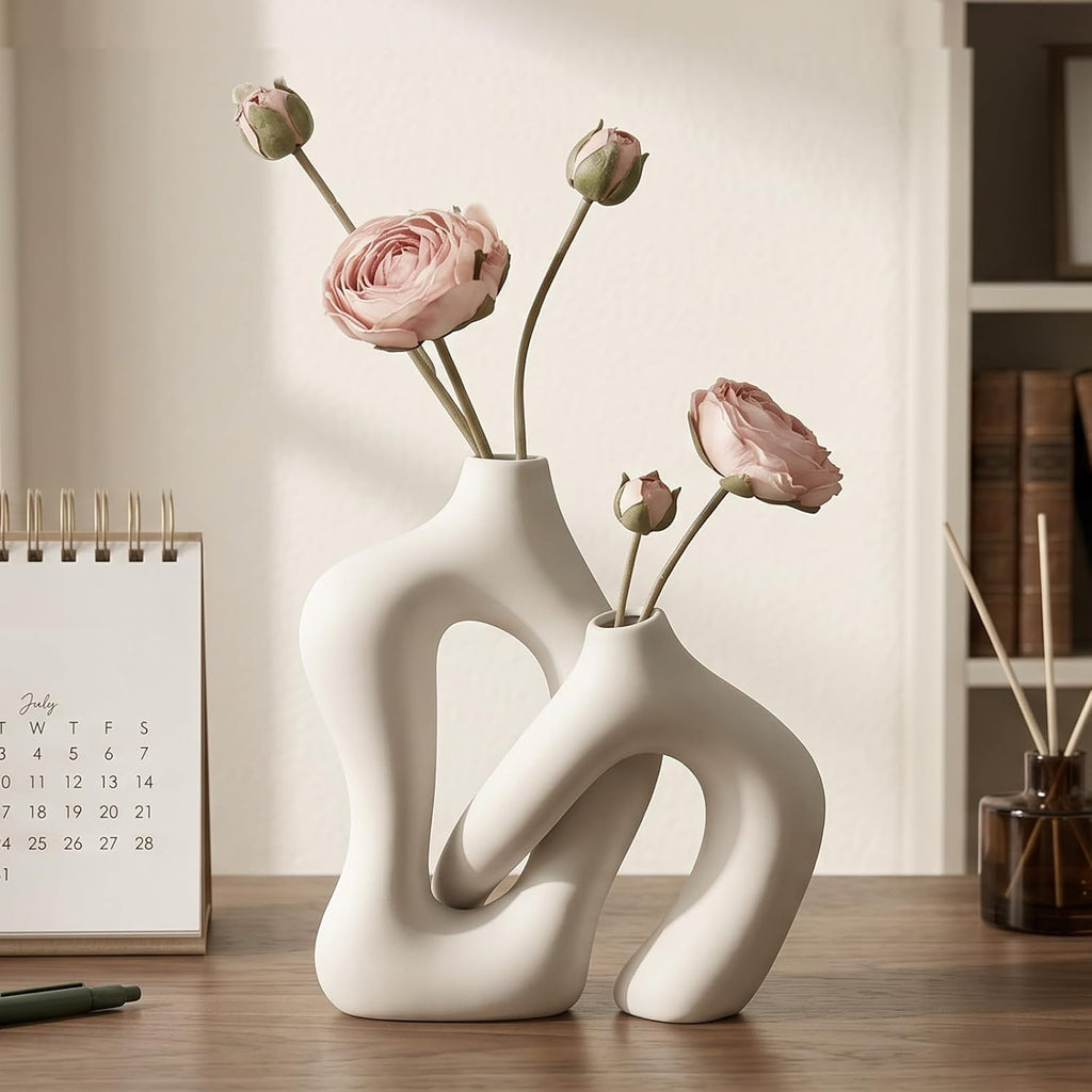 Dowan White Vases for Decor,Hollow Ceramic Vase Set of 2,8.3" Nordic Modern Boho ins Style Decorative Ceramic Aesthetic Flower Vase for Home Decor Modern Minimalist Table, Entryway Centerpieces