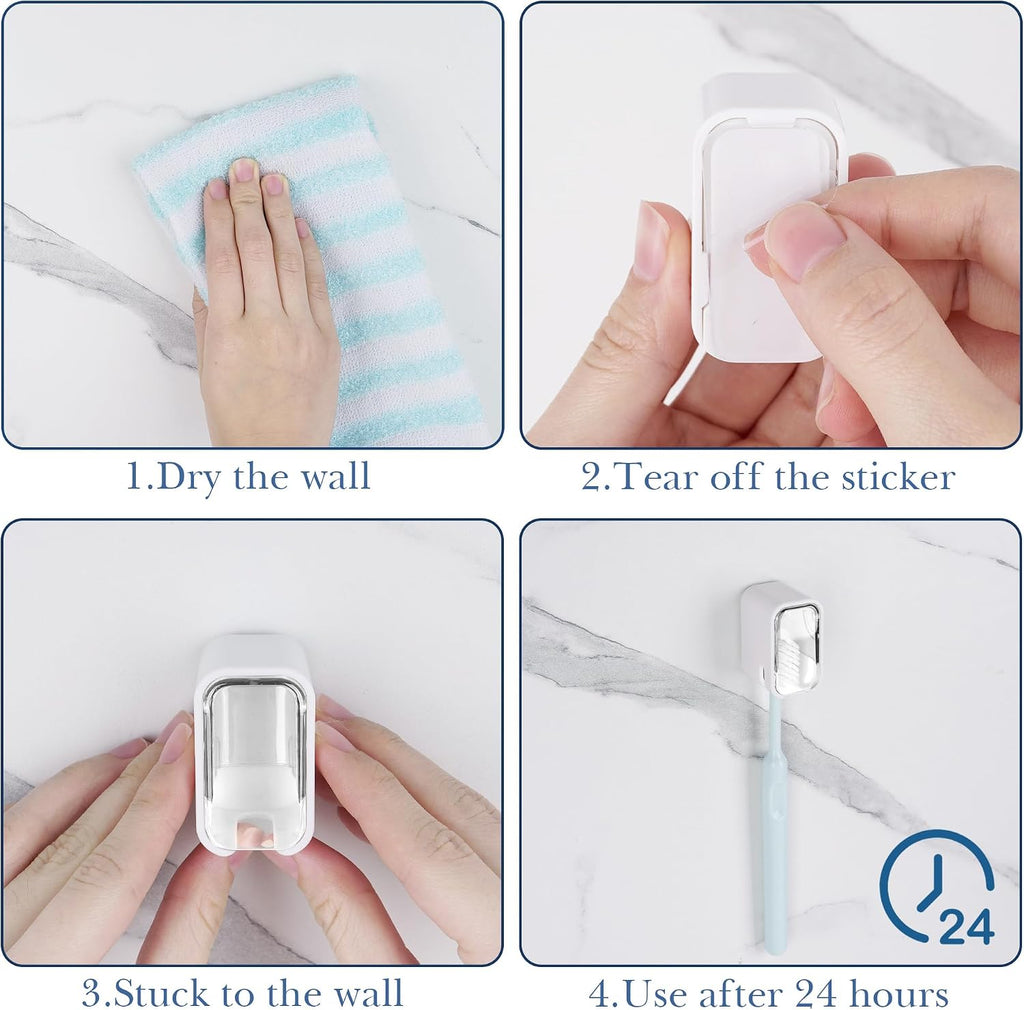 4 Pack Toothbrush Holders for Bathrooms Shower, Wall Mount Toothbrush Organizer with Cover, Self Adhesive Electric Toothbrush Storage, Quick Dry Toothbrush Hanger (Clear)