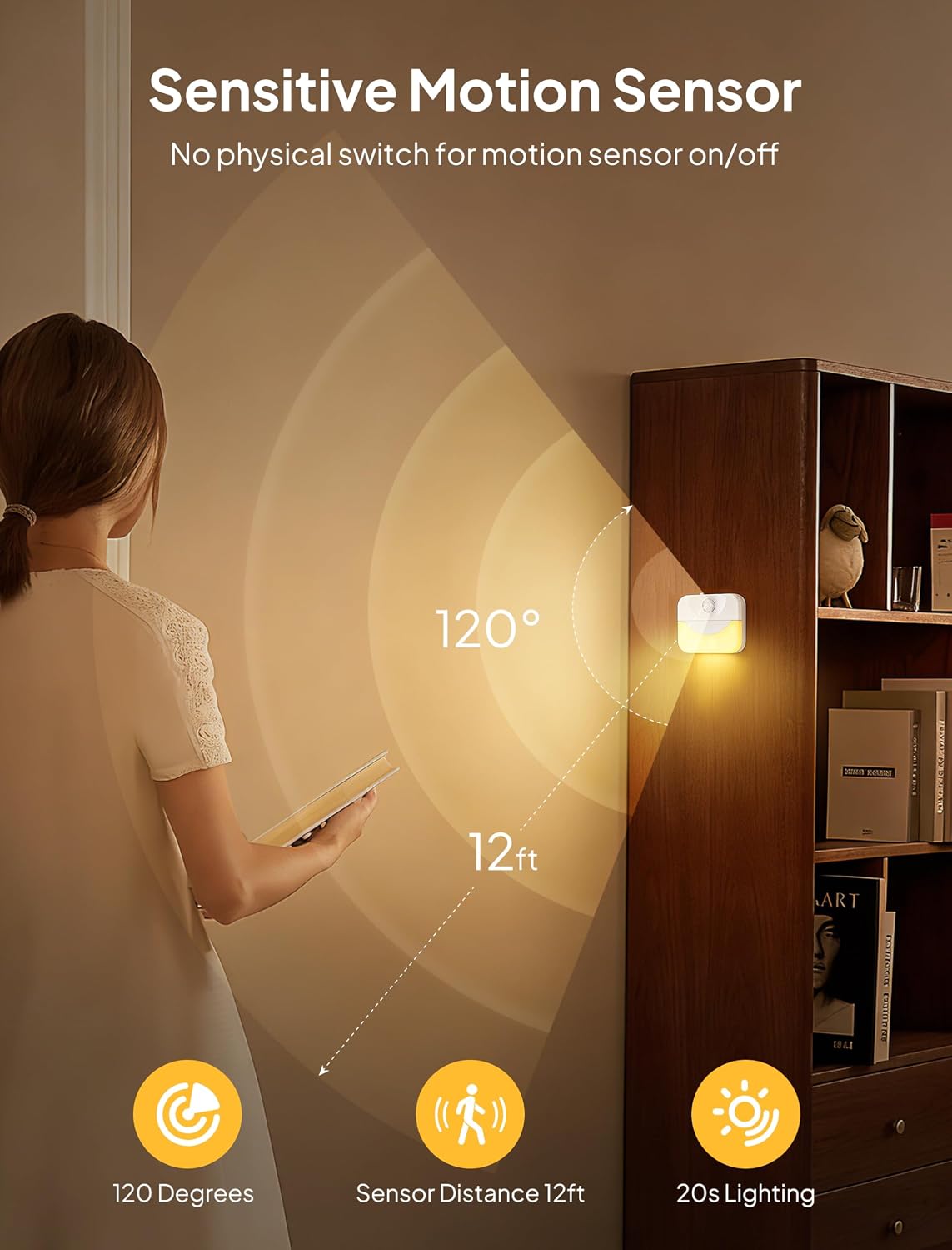 2 Pack Rechargeable Stair Light Indoor,Warm White Motion Sensor Night Light
