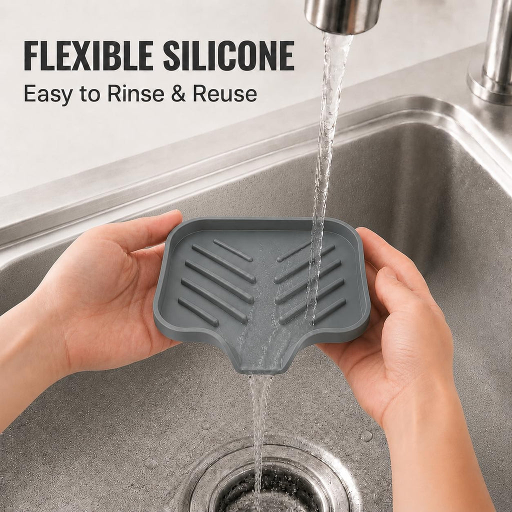 Silicone Soap Dish with Drain Spout, Self-Draining Soap Holder for Kitchen Sink & Bathroom, Non-Slip Silicone Sink Tray for Soap, Sponge, Brush & Dispenser, Dishwasher Safe, Gray (4.8"x3.8")