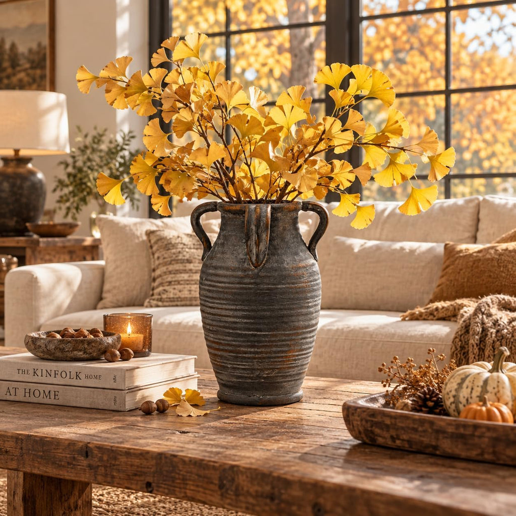 Emotionally Grounded Vase, Vaseking Large Ceramic Rustic Vase with 4 Handles, 10.83 inch Minimalist Decorative Farmhouse Vases for Home Decor, Living Room, Enterway, Table Decoration, Black Bronze