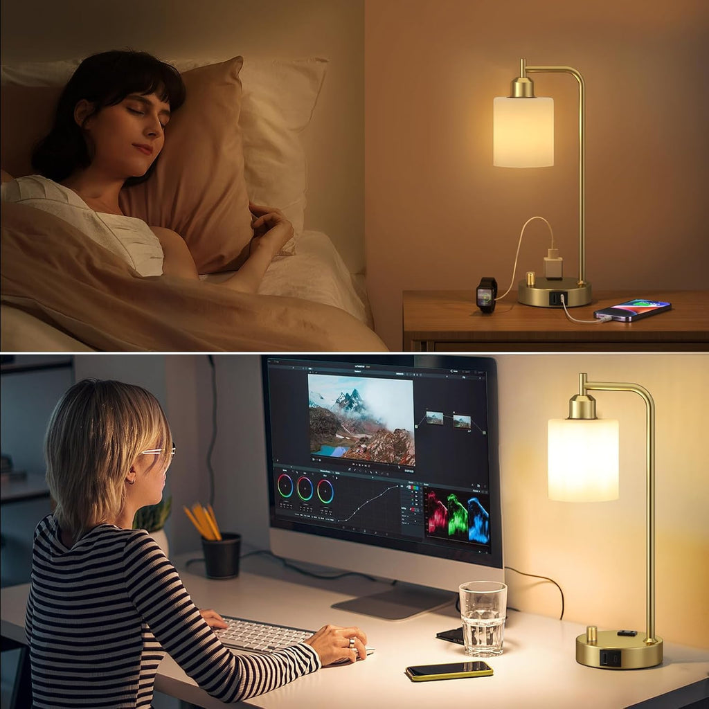 Innqoo Industrial Table Lamps for Bedroom Set of 2 - Fully Dimmable Bedside Lamps with USB Ports and Outlet, Gold Nightstand Lamps with Opal Glass Shade for Living Room, Desk Lamps for Office Reading